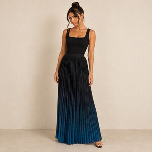 BEULAHSTYLE Black Dark Teal Blue Ombre Pleated Maxi Skirt Large NWT